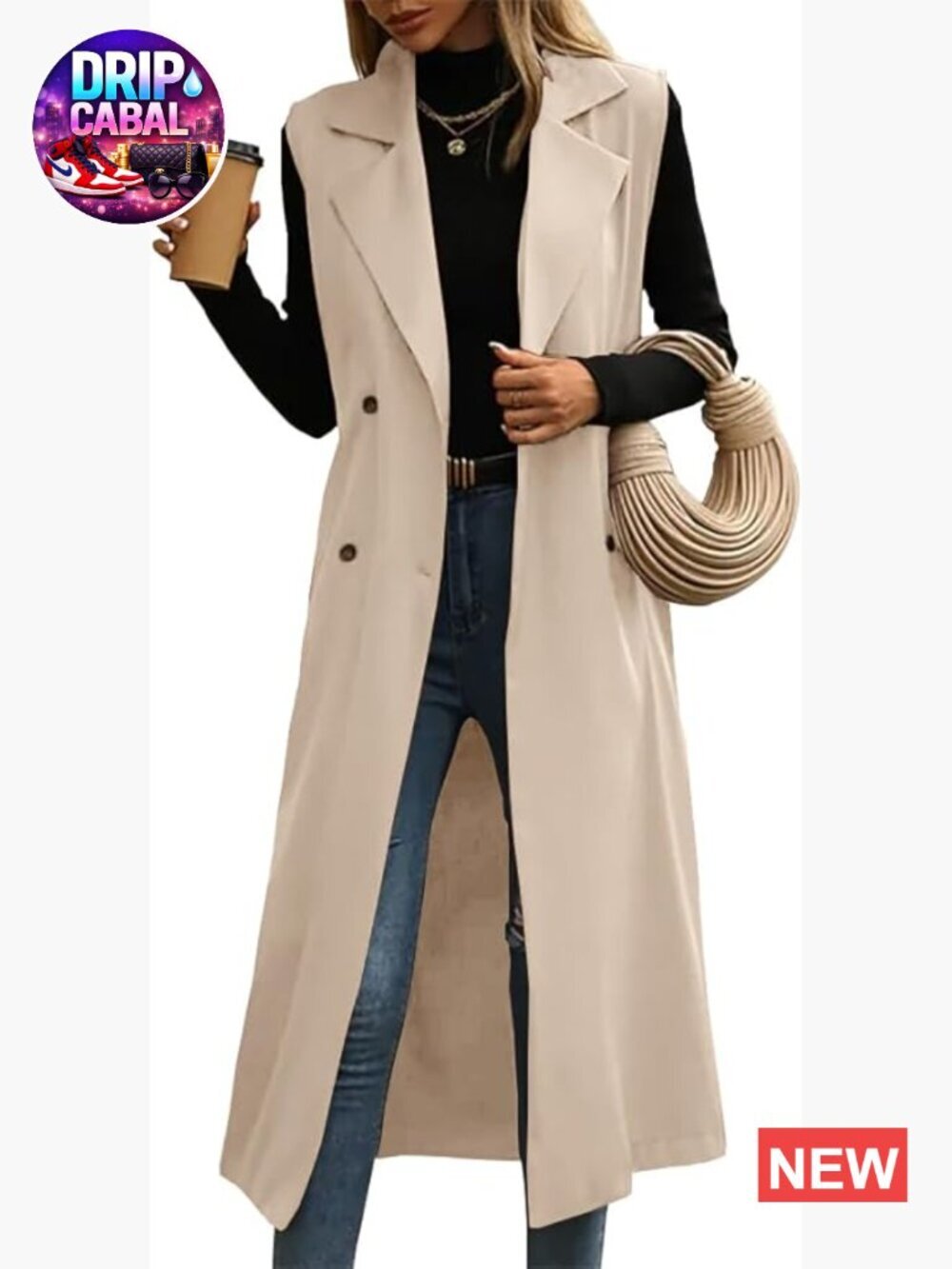 Long Sleeveless Trench Coat Vest, Double Breasted, Polyester